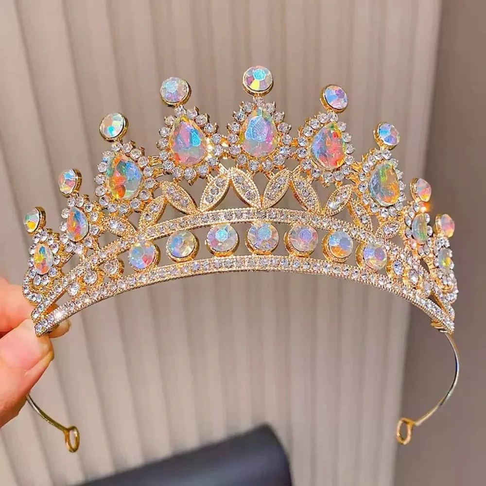 Gold Crystal Bridal Tiara with Iridescent Stones